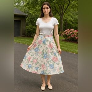 Vintage 80s/90s Floral A-Line Midi Skirt w/ Belt